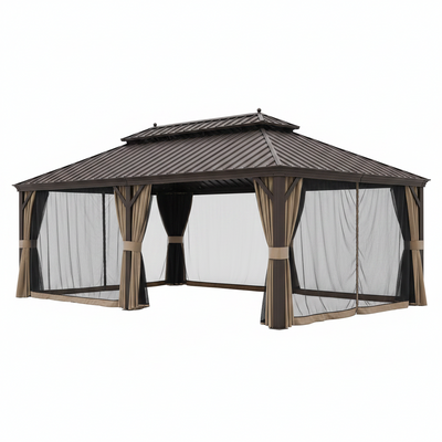 14 Ft. X 22 Ft. Double Galvanized Steel Roof Aluminum Frame Outdoor Patio Hardtop Gazeb with Netting and Curtains
