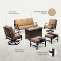 Black Metal Meshed 7 Seat 6-Piece Steel Outdoor Fire Pit Patio Set with Beige Cushions, Black Rectangular Fire Pit Table