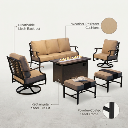 Black Metal Meshed 7 Seat 6-Piece Steel Outdoor Fire Pit Patio Set with Beige Cushions, Black Rectangular Fire Pit Table — Lifestyle