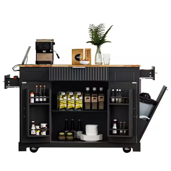 Black 48.5 In. Outdoor Kitchen Island Grill Cart with Wood Tabletop and Storage Cabinet