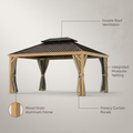 12 Ft. X 16 Ft. Double Roof Hardtop Wood Grain Aluminum Patio Gazebo with Netting and Khaki Curtains
