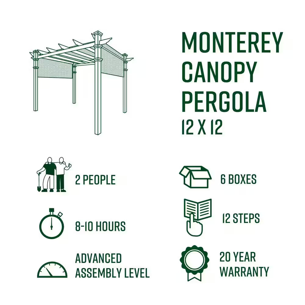 144"L X 144"W X 106"H Vinyl Monterey Canopy Pergola, White, VA42073