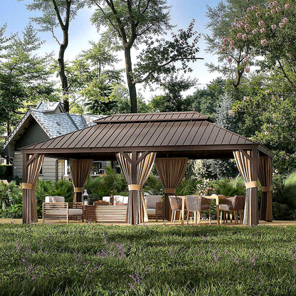 14 Ft. X 22 Ft. Double Galvanized Steel Roof Aluminum Frame Outdoor Patio Hardtop Gazeb with Netting and Curtains