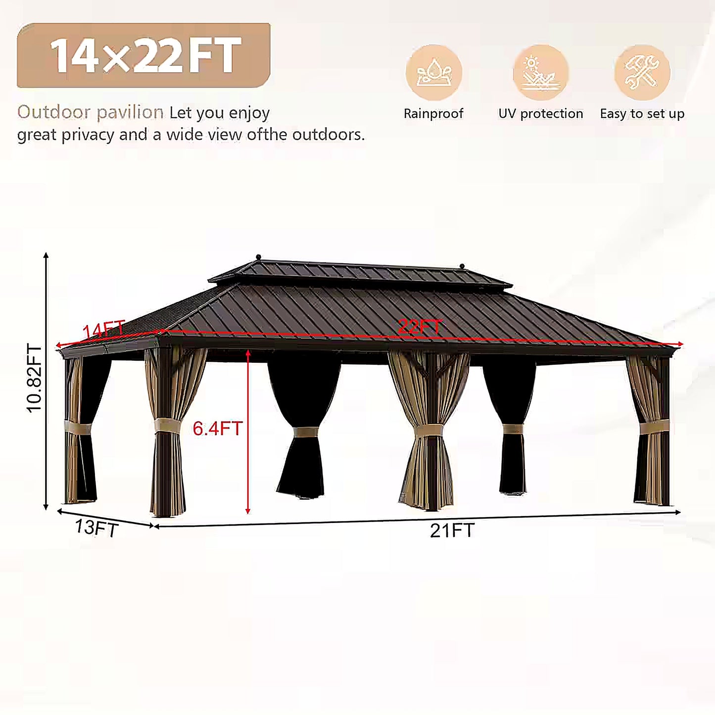 14 Ft. X 22 Ft. Double Galvanized Steel Roof Aluminum Frame Outdoor Patio Hardtop Gazeb with Netting and Curtains