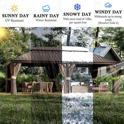 14 Ft. X 22 Ft. Double Galvanized Steel Roof Aluminum Frame Outdoor Patio Hardtop Gazeb with Netting and Curtains
