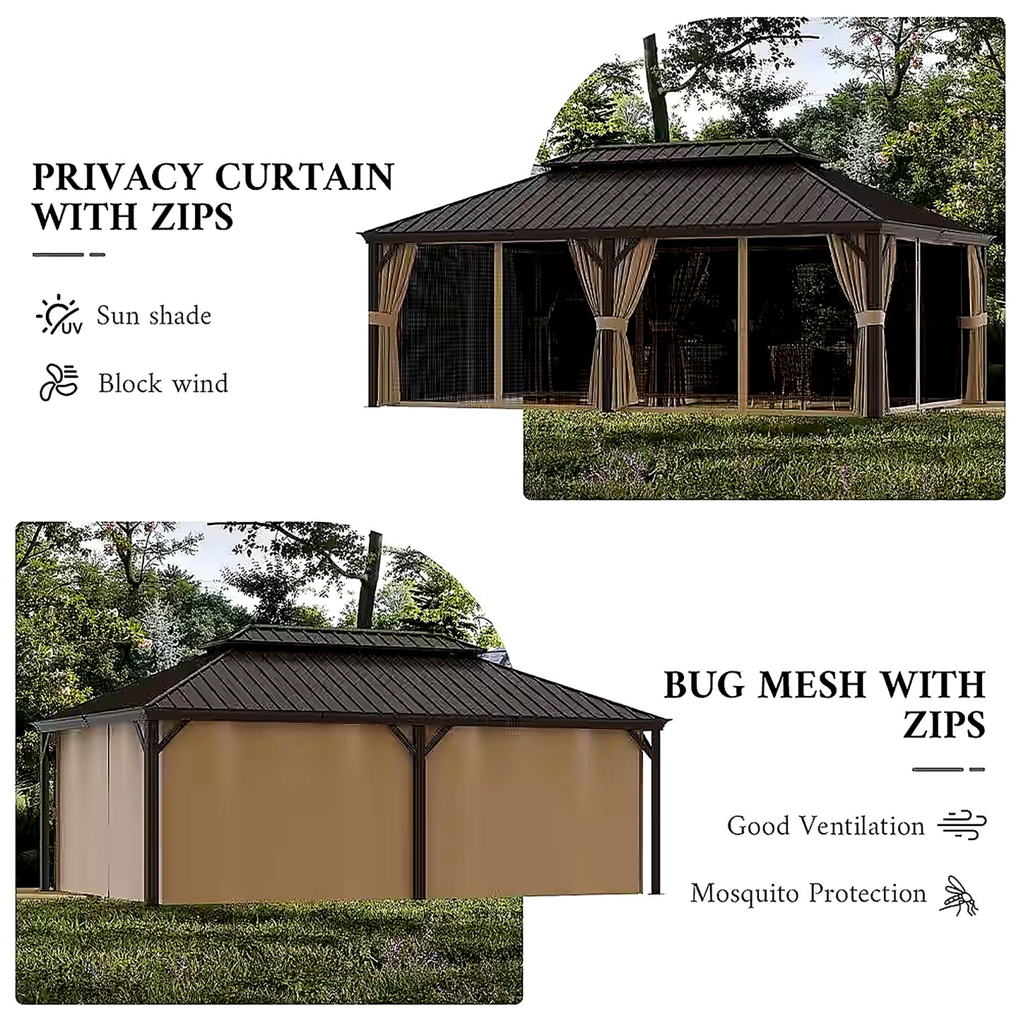 14 Ft. X 22 Ft. Double Galvanized Steel Roof Aluminum Frame Outdoor Patio Hardtop Gazeb with Netting and Curtains