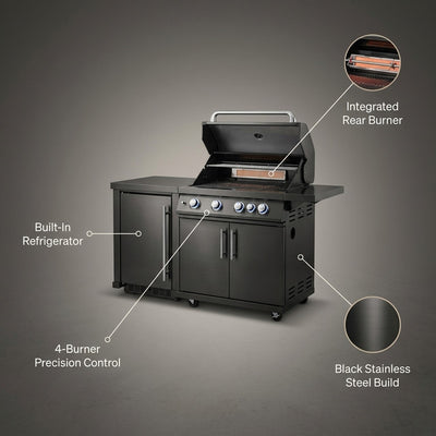 Premium 70" Black Stainless Steel Outdoor Kitchen Island with Refrigerator + 32"W 4-Burner BBQ Grill with Rear Burner