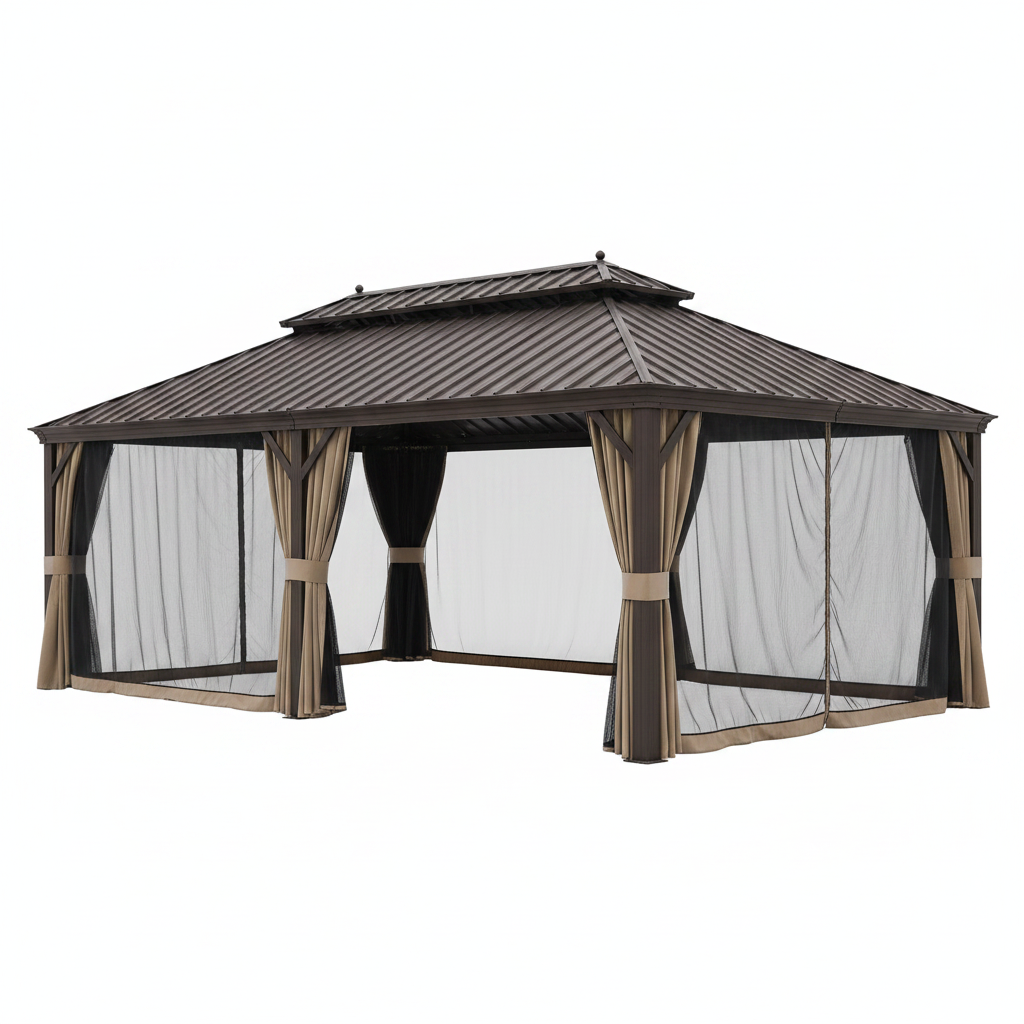 14 Ft. X 22 Ft. Double Galvanized Steel Roof Aluminum Frame Outdoor Patio Hardtop Gazeb with Netting and Curtains