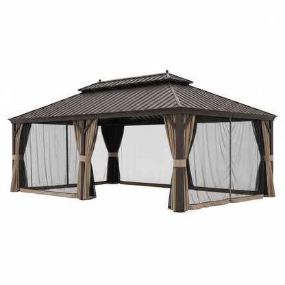 14 Ft. X 22 Ft. Double Galvanized Steel Roof Aluminum Frame Outdoor Patio Hardtop Gazeb with Netting and Curtains
