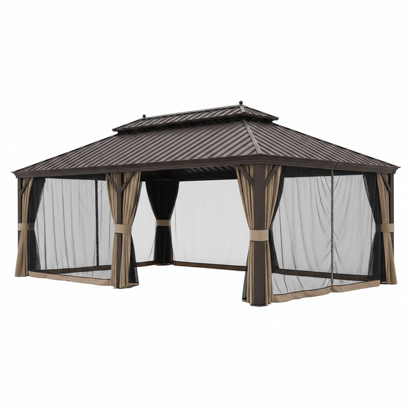 14 Ft. X 22 Ft. Double Galvanized Steel Roof Aluminum Frame Outdoor Patio Hardtop Gazeb with Netting and Curtains