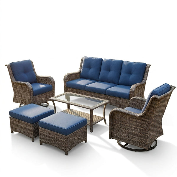 Patio Furniture Set 6-Piece Outdoor Patio Conversation Set with Blue Cushions Lawn Furniture — Studio Shot